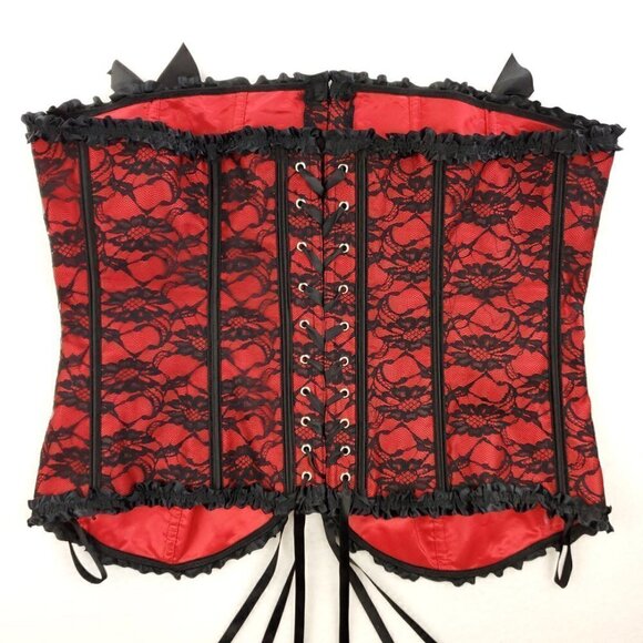 Red Black Corset Floral Lace Bows Boudoir Burlesque Lingerie Plus Size 5XL - Picture 2 of 12